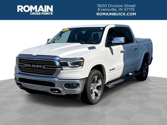 2019 RAM 1500 Laramie in Ivory White Tri-Coat Pearlcoat — front three-quarter view